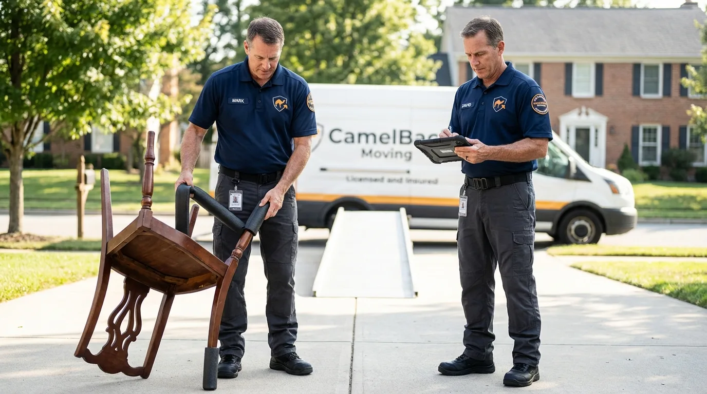 Movers inspecting furniture for damage prevention before loading in Hildebran, NC