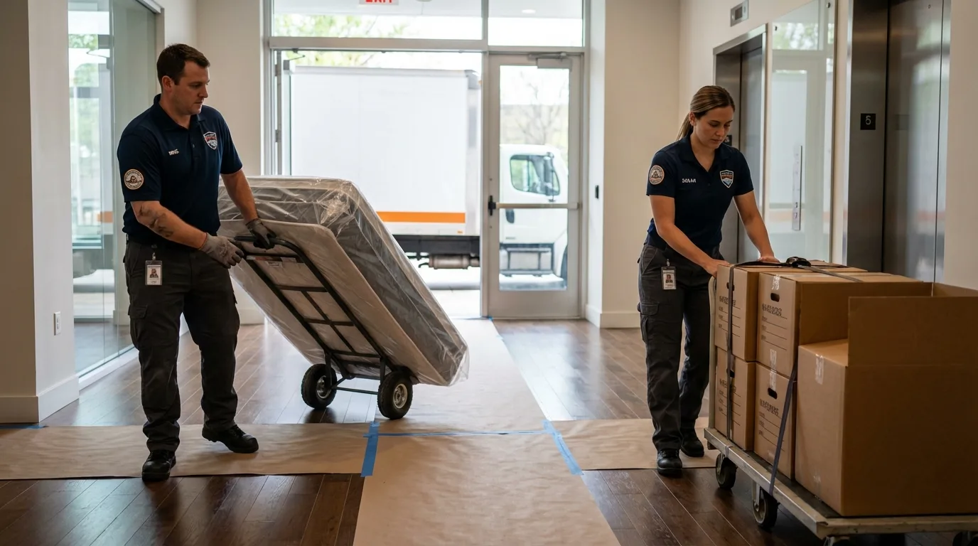 Professional apartment movers loading elevator in Hildebran, NC